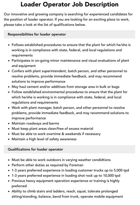 wheel loader operator job responsibilities